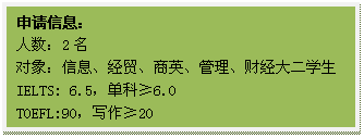 文本框: 申请信息：人数：2名对象：信息、经贸、商英、管理、财经大二学生IELTS: 6.5，单科≥6.0TOEFL:90，写作≥20