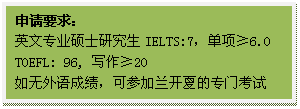 文本框: 申请要求：英文专业硕士研究生IELTS:7，单项≥6.0TOEFL: 96, 写作≥20如无外语成绩，可参加兰开夏的专门考试